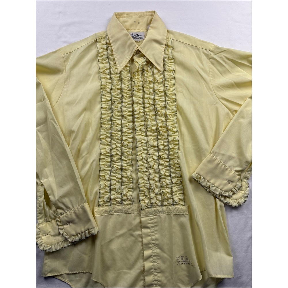 Delton Tuxedo Shirt Mens 16 x 34 Yellow Ruffle Front Vintage 70s